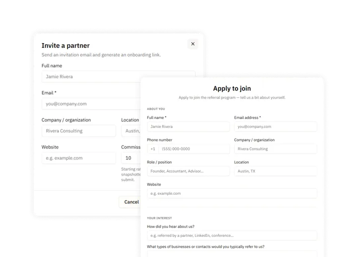 The Invite a partner dialog, which sends an invitation email and generates an onboarding link, over the public Apply to join form where a partner fills in their own details.