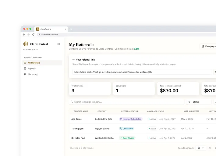 A partner’s My Referrals page: their own referral link, totals for referrals, conversions and commission earned, and a table of the contacts they have referred with the status of each.